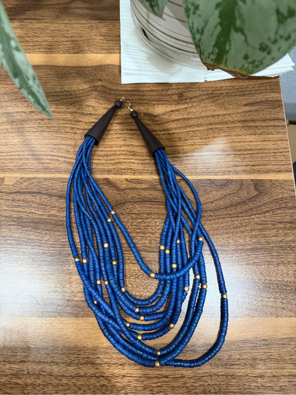 Layered Blue Beaded Necklace with Gold Accents
